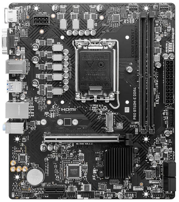 Материнская плата MSI PRO B760M-E DDR4 (LGA1700, 8 фаз, 2xSYS_FAN, 1xRGB 12В, 1xM.2, 2xUSB2.0 int.)