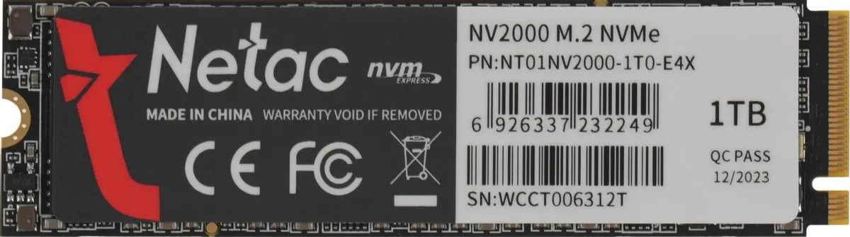 Твердотельный накопитель SSD M.2 NVMe 1ТБ Netac NV2000 (PCIe 3x4, R2500, W2100) NT01NV2000-1T0-E4X