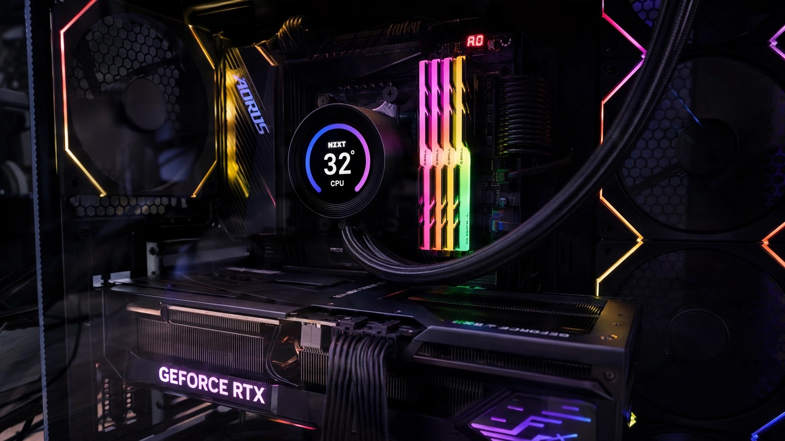 Мощное железо внутри корпуса компьютера с RGB-подсветкой